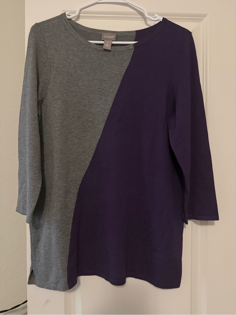 Chico's Gray and Purple Diagonal Colorblock Long Sleeve Top